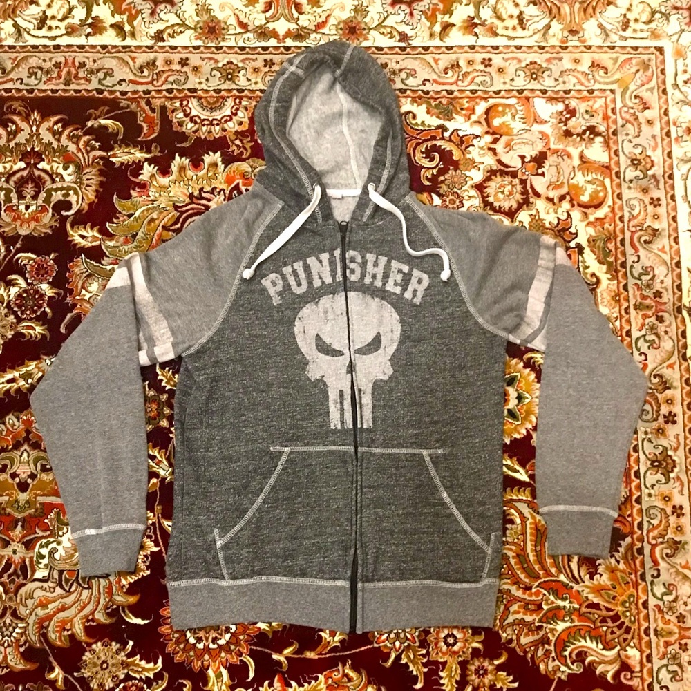 Official Marvel The Punisher Hooded Sweatshirt Hoodie Full-Zip Sweater Gray Sz S